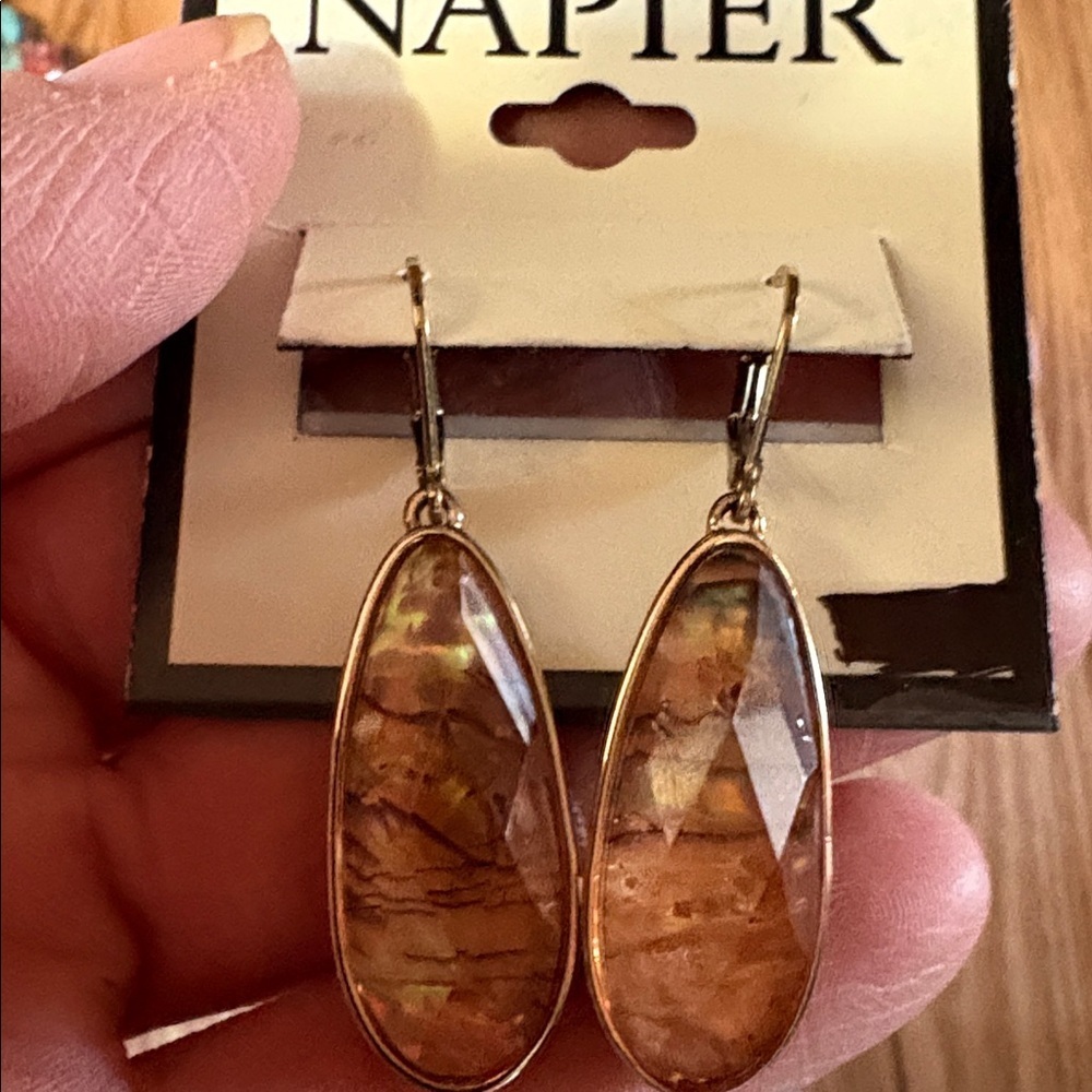 NAPIER VINTAGE IRIDESCENT ORANGE YELLOW LARGE TEARDROP LEVERBACK 2" EARRINGS
